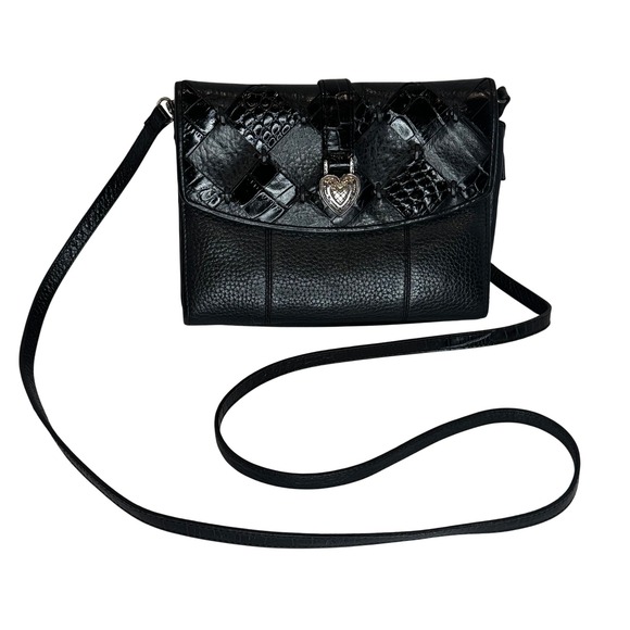 Brighton Handbags - Brighton Black Leather‎ Crossbody Shoulder Bag Heart Lock Woven with Wallet